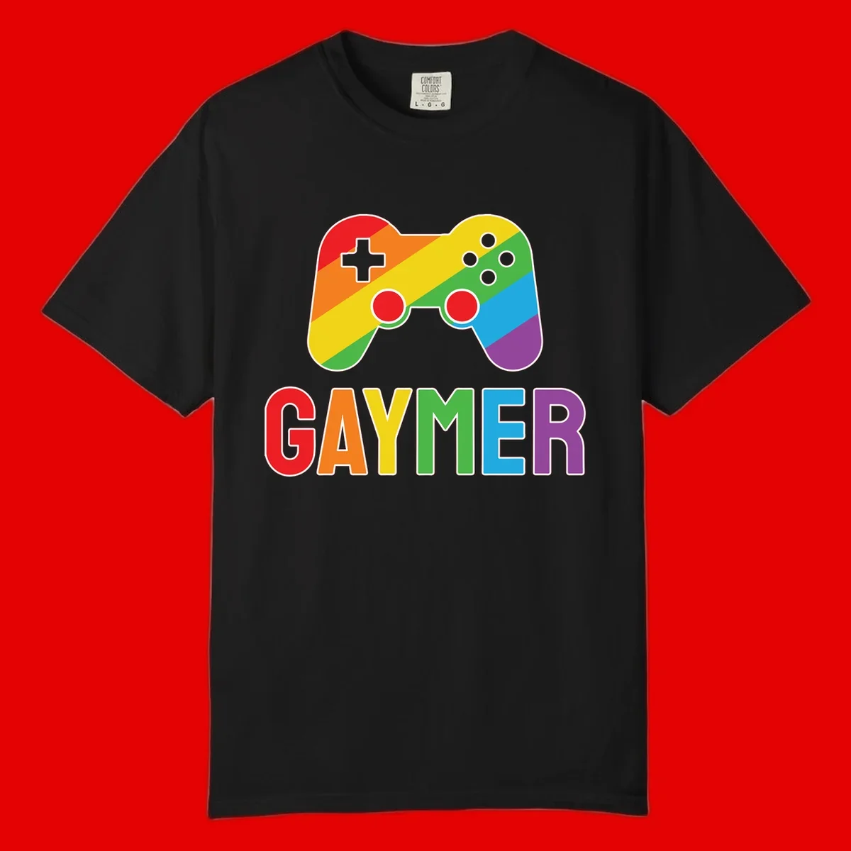 Rainbow gradient game controller with multicolored GAMER text below, featuring pride colors in diagonal stripes