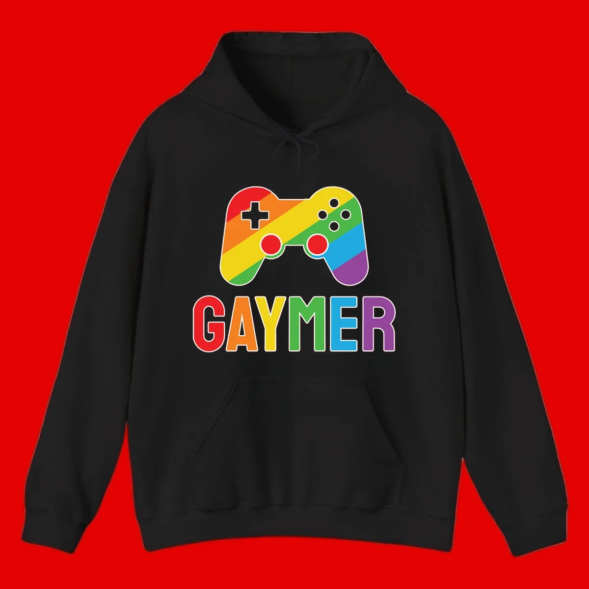 Rainbow gradient game controller with multicolored GAMER text below, featuring pride colors in diagonal stripes