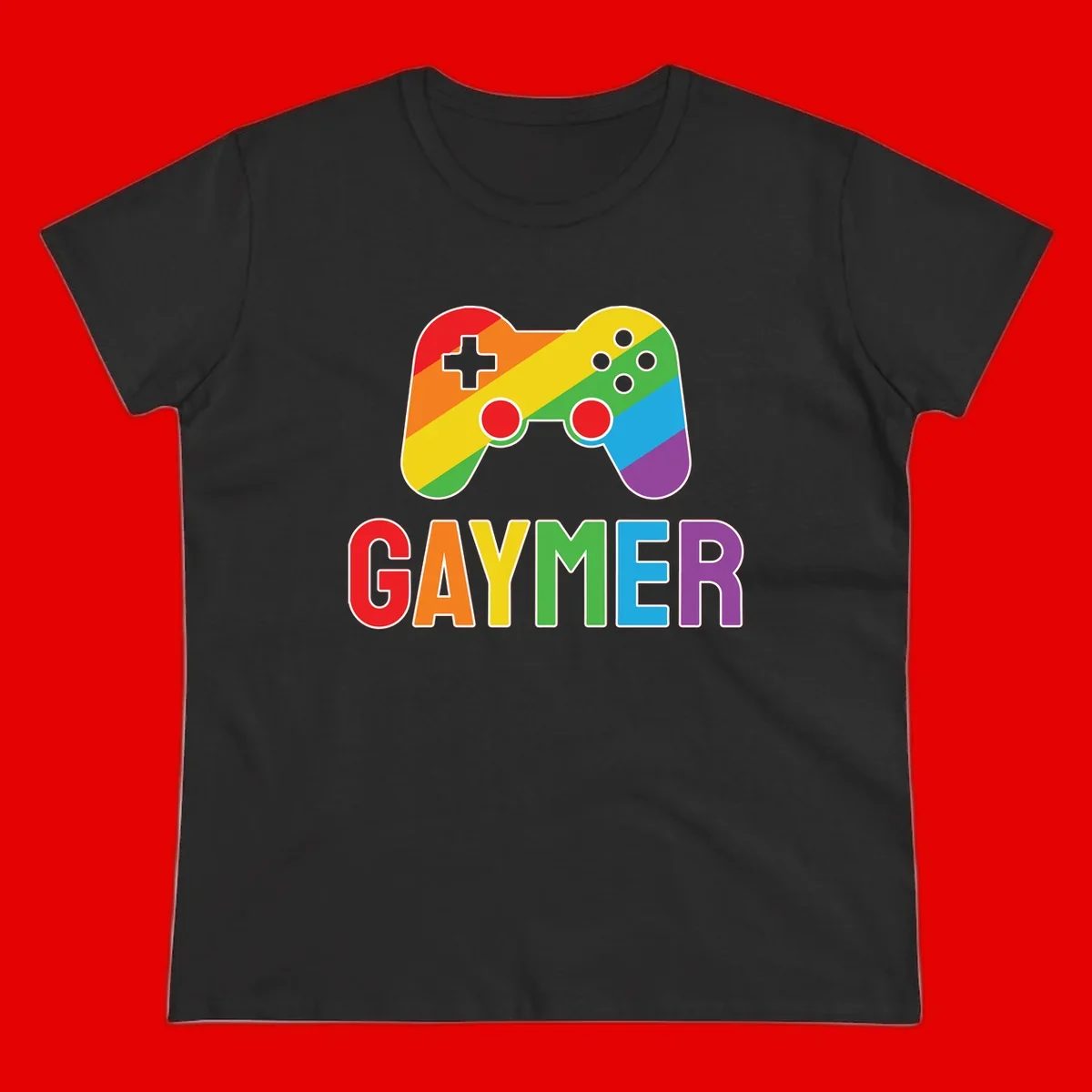 Rainbow gradient game controller with multicolored GAMER text below, featuring pride colors in diagonal stripes