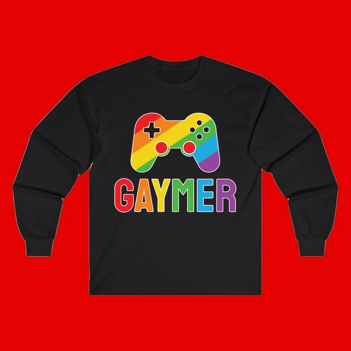 Rainbow gradient game controller with multicolored GAMER text below, featuring pride colors in diagonal stripes