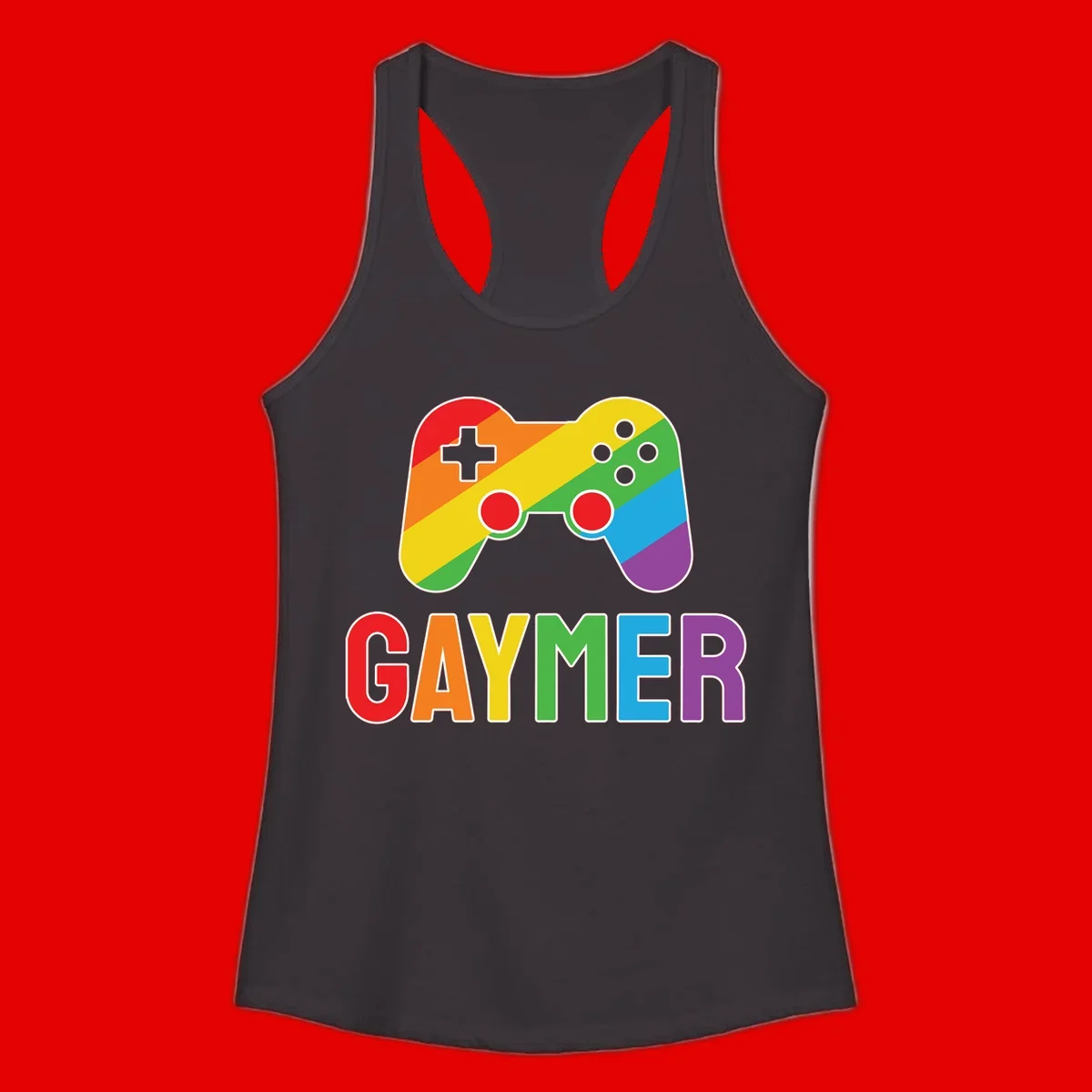 Rainbow gradient game controller with multicolored GAMER text below, featuring pride colors in diagonal stripes