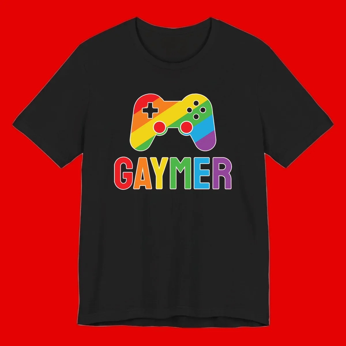 Rainbow gradient game controller with multicolored GAMER text below, featuring pride colors in diagonal stripes