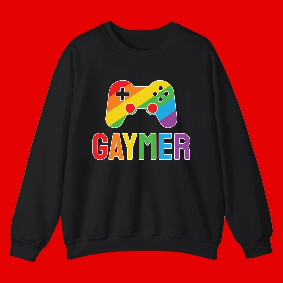 Rainbow gradient game controller with multicolored GAMER text below, featuring pride colors in diagonal stripes