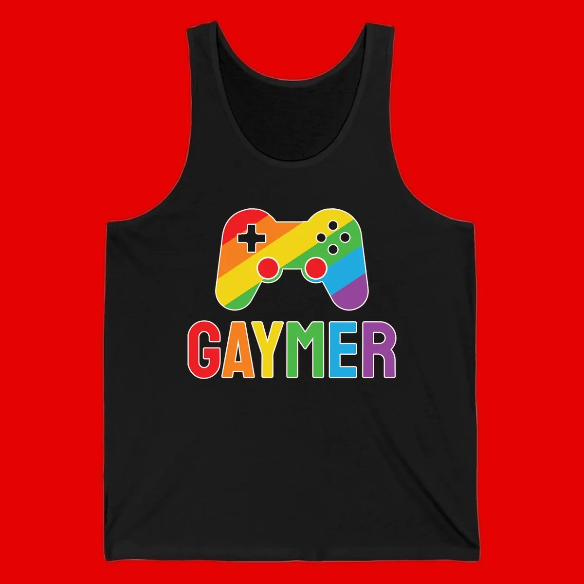 Rainbow gradient game controller with multicolored GAMER text below, featuring pride colors in diagonal stripes