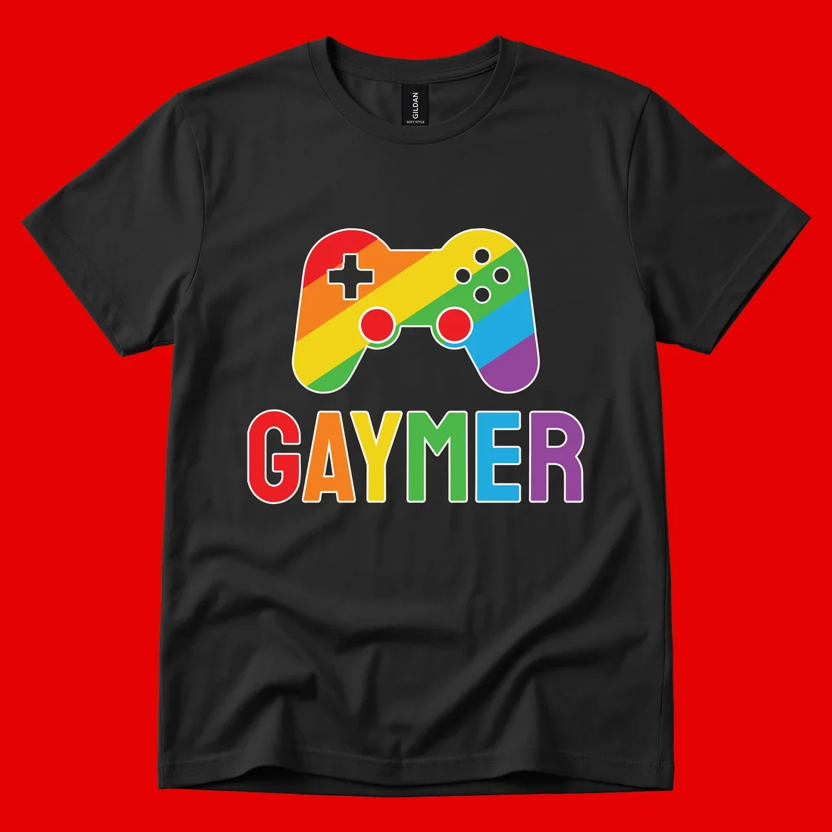 Rainbow gradient game controller with multicolored GAMER text below, featuring pride colors in diagonal stripes