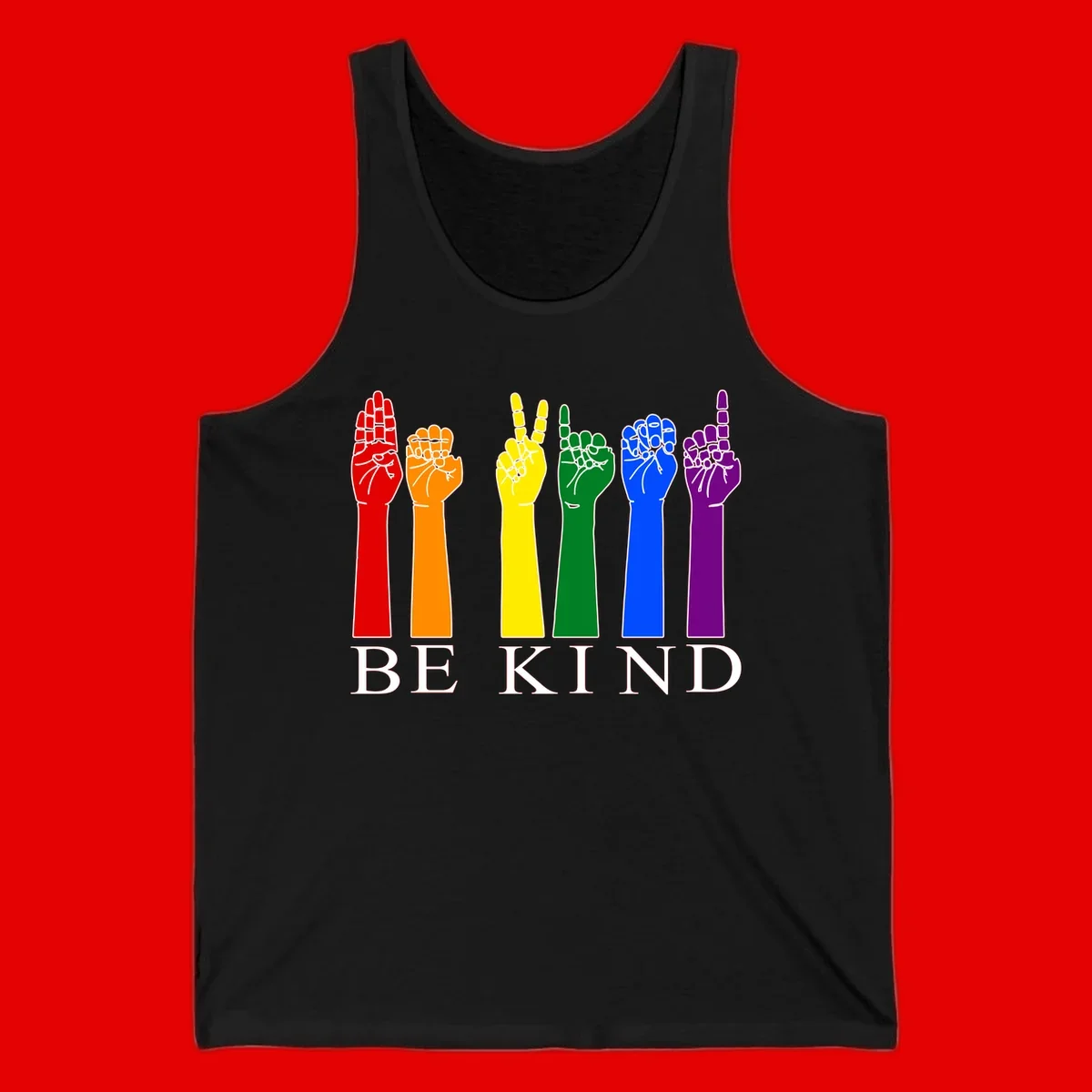 Six rainbow-colored raised hands in red, orange, yellow, green, blue, and purple with white line details and 'BE KIND' text below