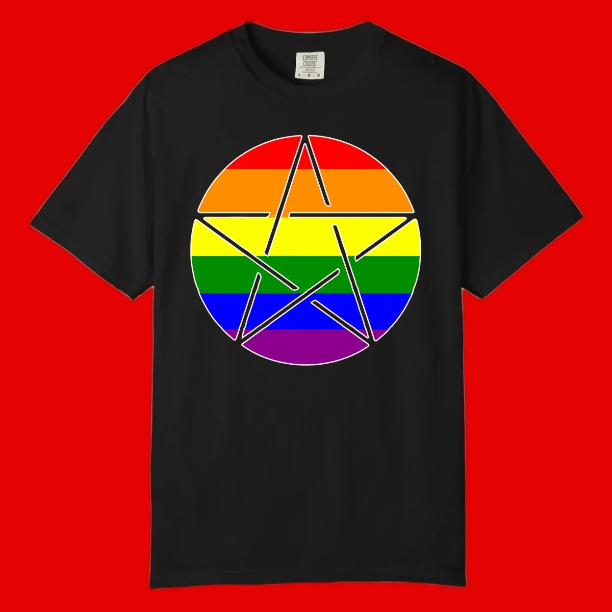 Five-pointed star with gray outline centered in circle with horizontal rainbow pride flag stripes in red, orange, yellow, green, blue, and purple.
