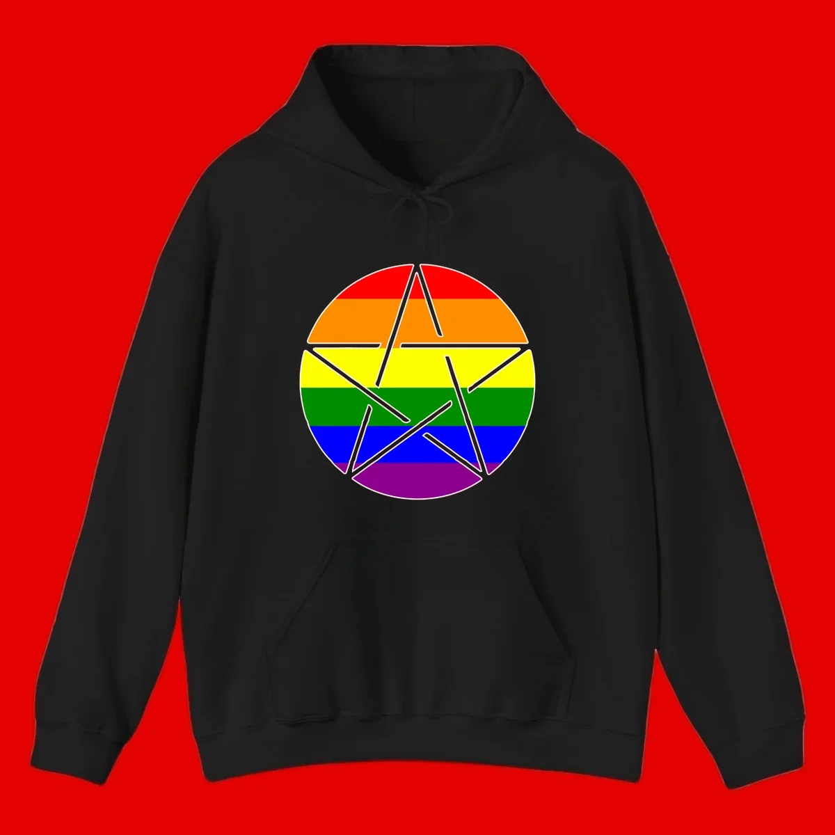 Five-pointed star with gray outline centered in circle with horizontal rainbow pride flag stripes in red, orange, yellow, green, blue, and purple.