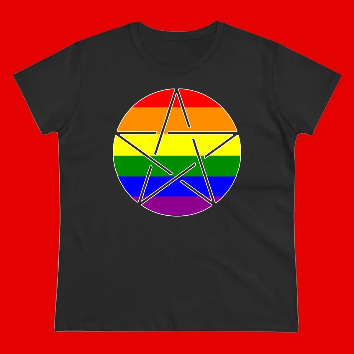 Five-pointed star with gray outline centered in circle with horizontal rainbow pride flag stripes in red, orange, yellow, green, blue, and purple.