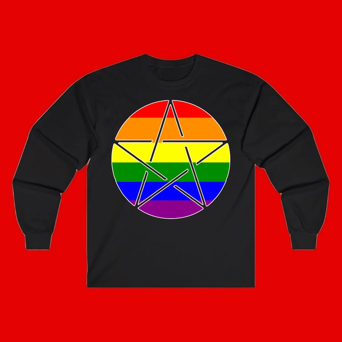 Five-pointed star with gray outline centered in circle with horizontal rainbow pride flag stripes in red, orange, yellow, green, blue, and purple.