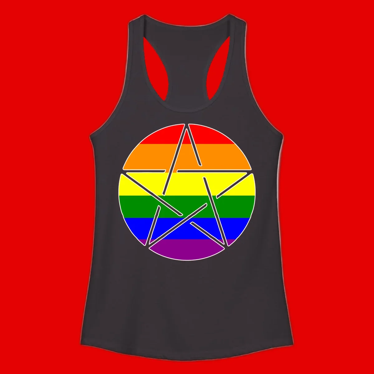 Five-pointed star with gray outline centered in circle with horizontal rainbow pride flag stripes in red, orange, yellow, green, blue, and purple.
