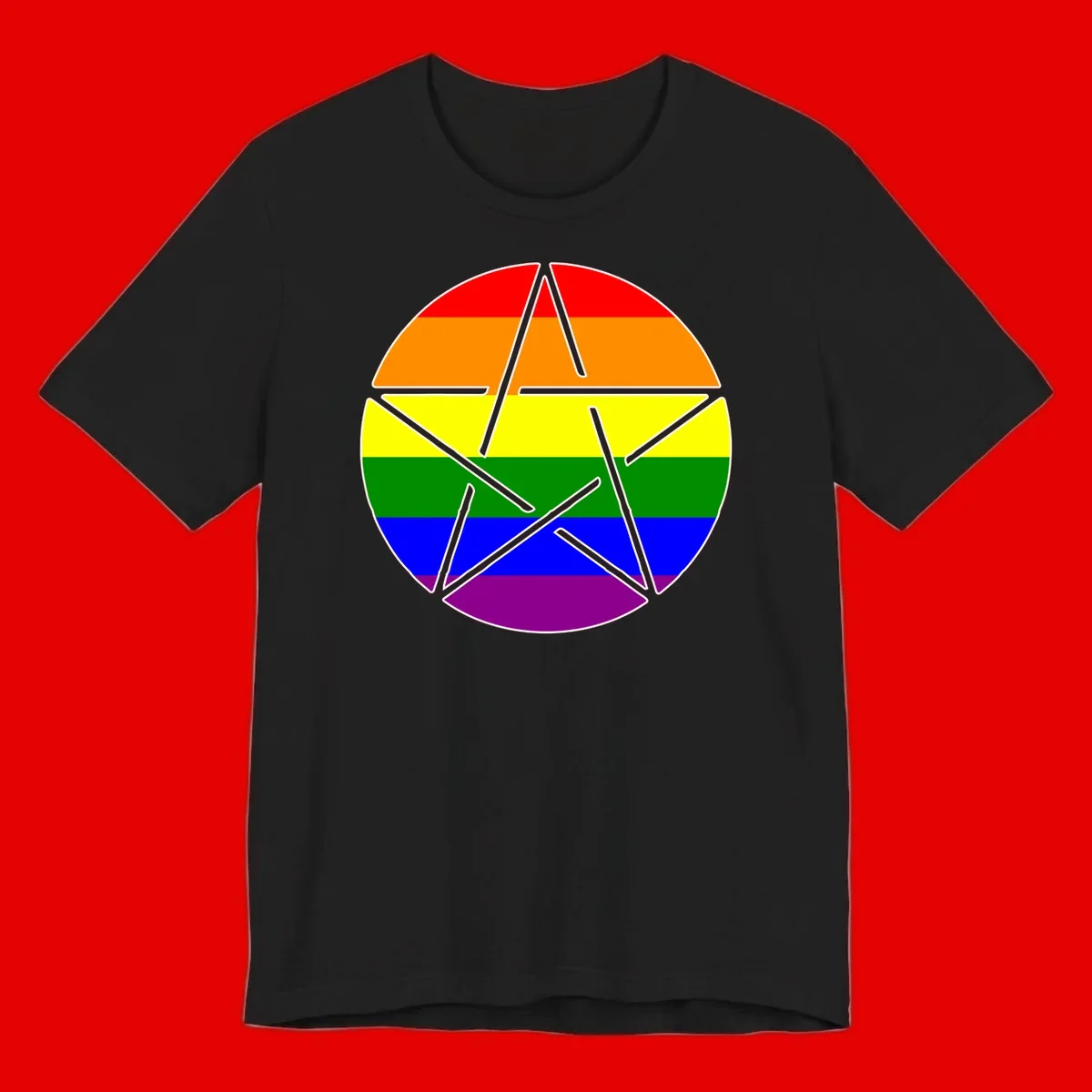 Five-pointed star with gray outline centered in circle with horizontal rainbow pride flag stripes in red, orange, yellow, green, blue, and purple.