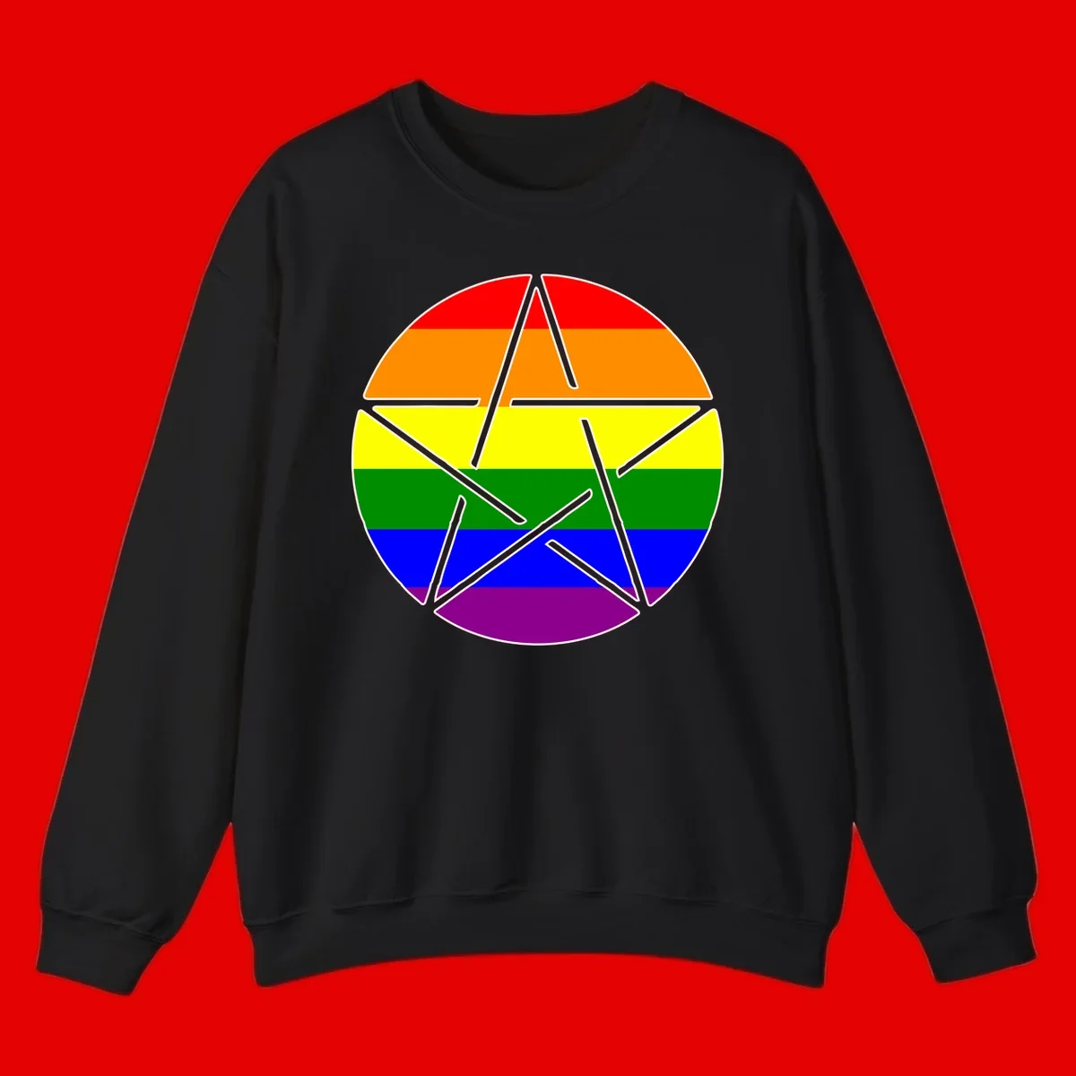 Five-pointed star with gray outline centered in circle with horizontal rainbow pride flag stripes in red, orange, yellow, green, blue, and purple.