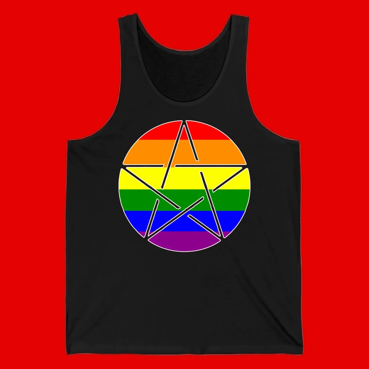 Five-pointed star with gray outline centered in circle with horizontal rainbow pride flag stripes in red, orange, yellow, green, blue, and purple.