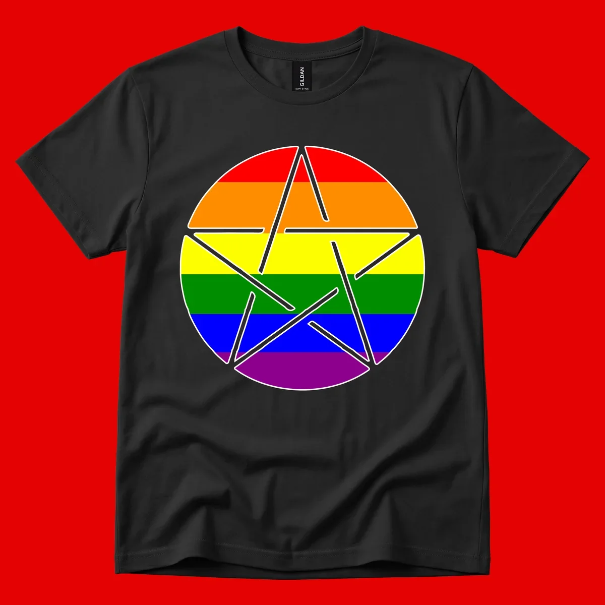 Five-pointed star with gray outline centered in circle with horizontal rainbow pride flag stripes in red, orange, yellow, green, blue, and purple.