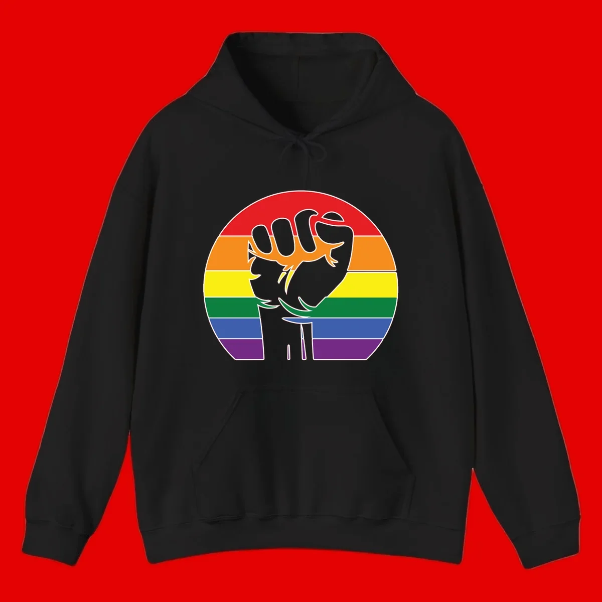 Gray dachshund with elongated body stretching across circular rainbow pride flag stripes in red, orange, yellow, green, blue, and purple