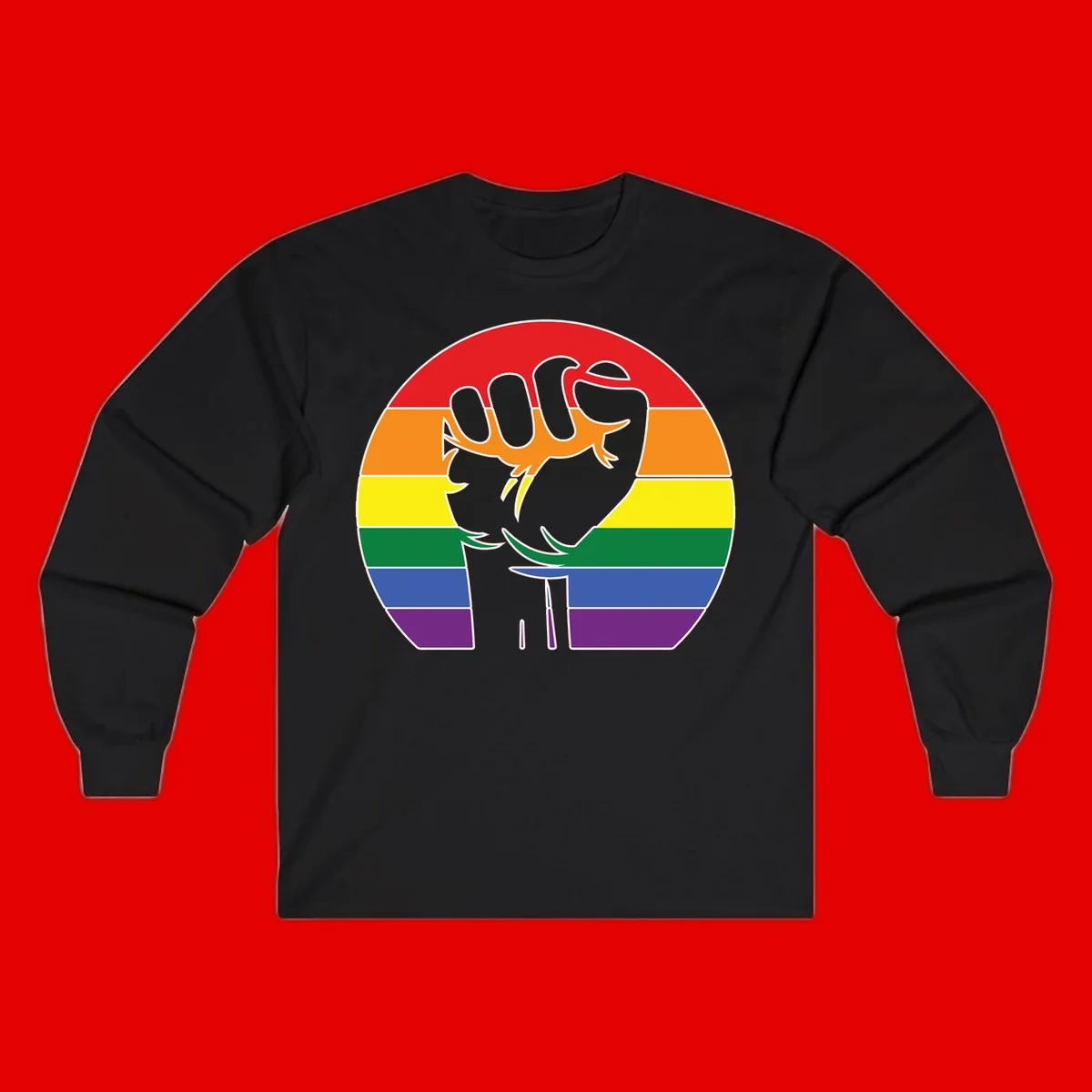 Gray dachshund with elongated body stretching across circular rainbow pride flag stripes in red, orange, yellow, green, blue, and purple