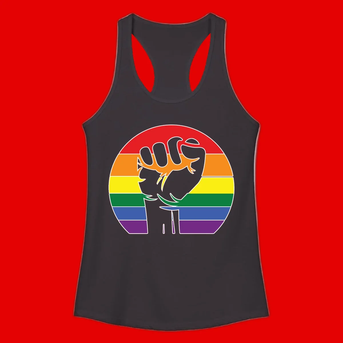 Gray dachshund with elongated body stretching across circular rainbow pride flag stripes in red, orange, yellow, green, blue, and purple