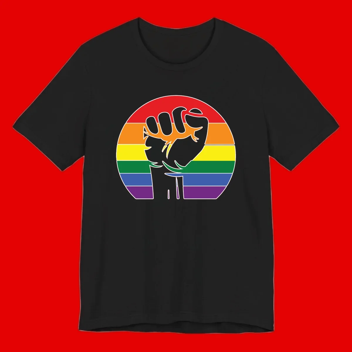Gray dachshund with elongated body stretching across circular rainbow pride flag stripes in red, orange, yellow, green, blue, and purple