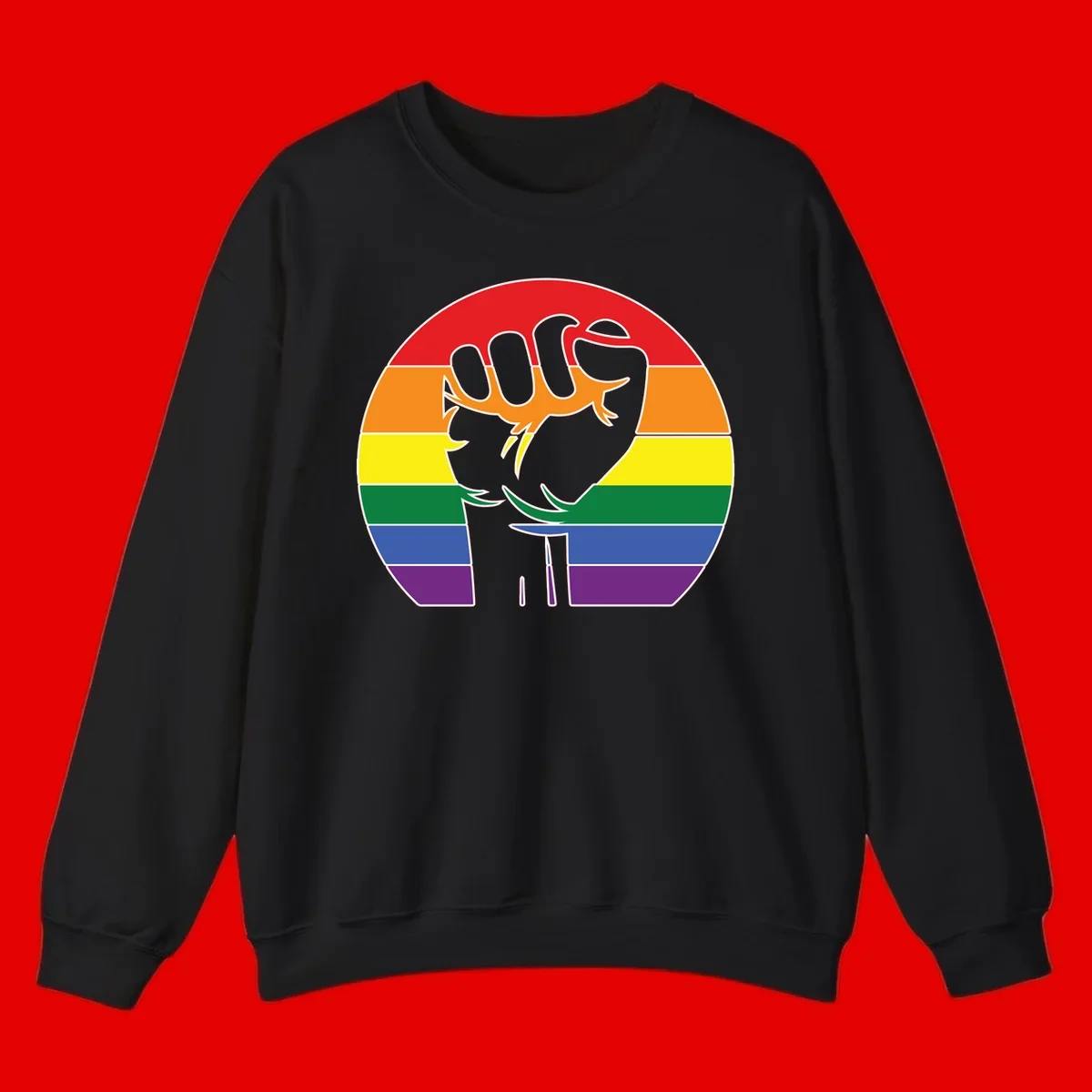 Gray dachshund with elongated body stretching across circular rainbow pride flag stripes in red, orange, yellow, green, blue, and purple