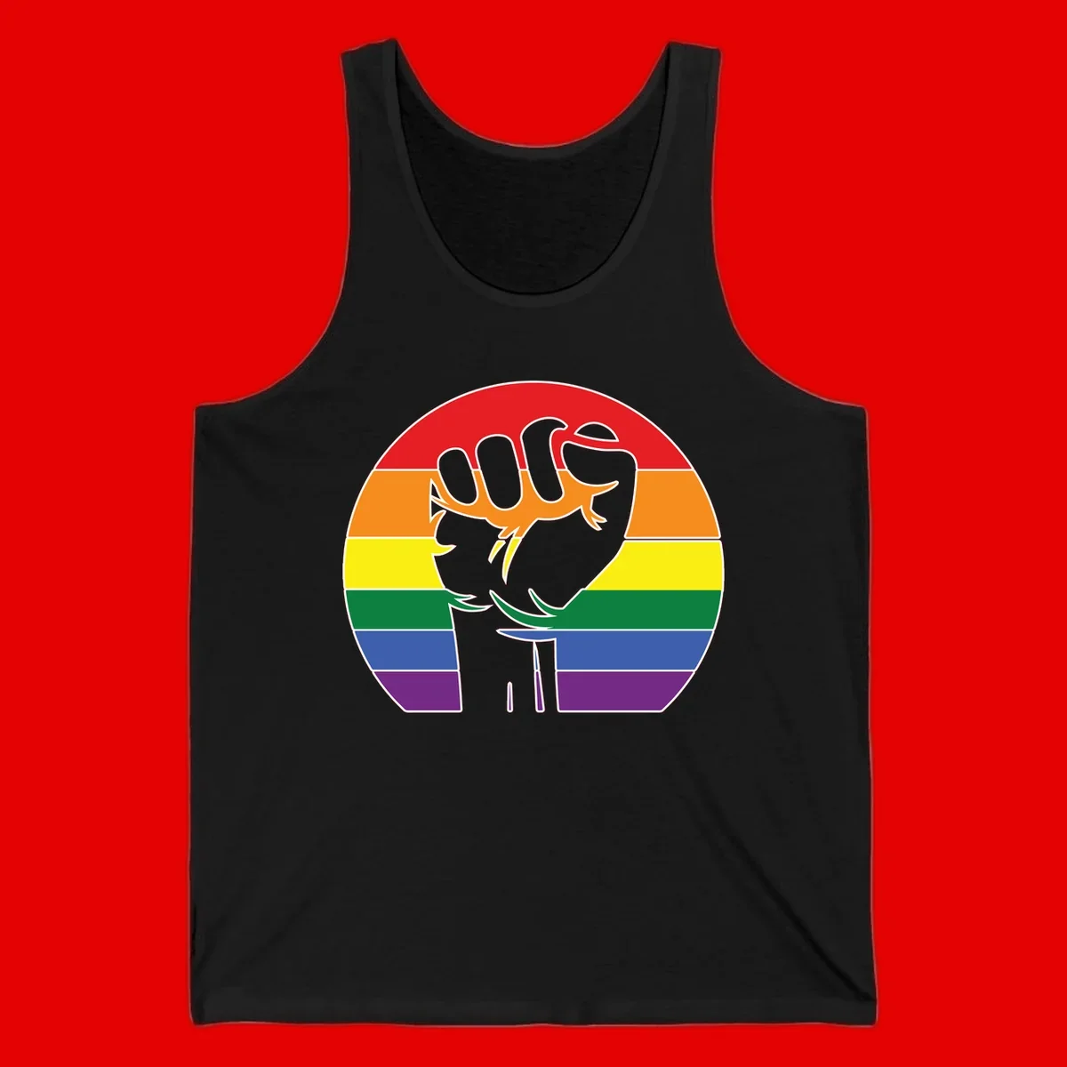Gray dachshund with elongated body stretching across circular rainbow pride flag stripes in red, orange, yellow, green, blue, and purple