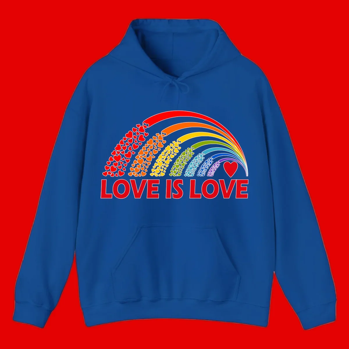 Rainbow arcs filled with colorful hearts in red, orange, yellow, green, cyan, blue, and purple, with 'LOVE IS LOVE' text below