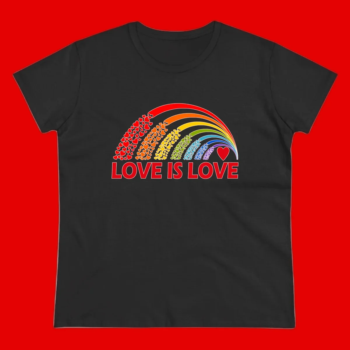 Rainbow arcs filled with colorful hearts in red, orange, yellow, green, cyan, blue, and purple, with 'LOVE IS LOVE' text below