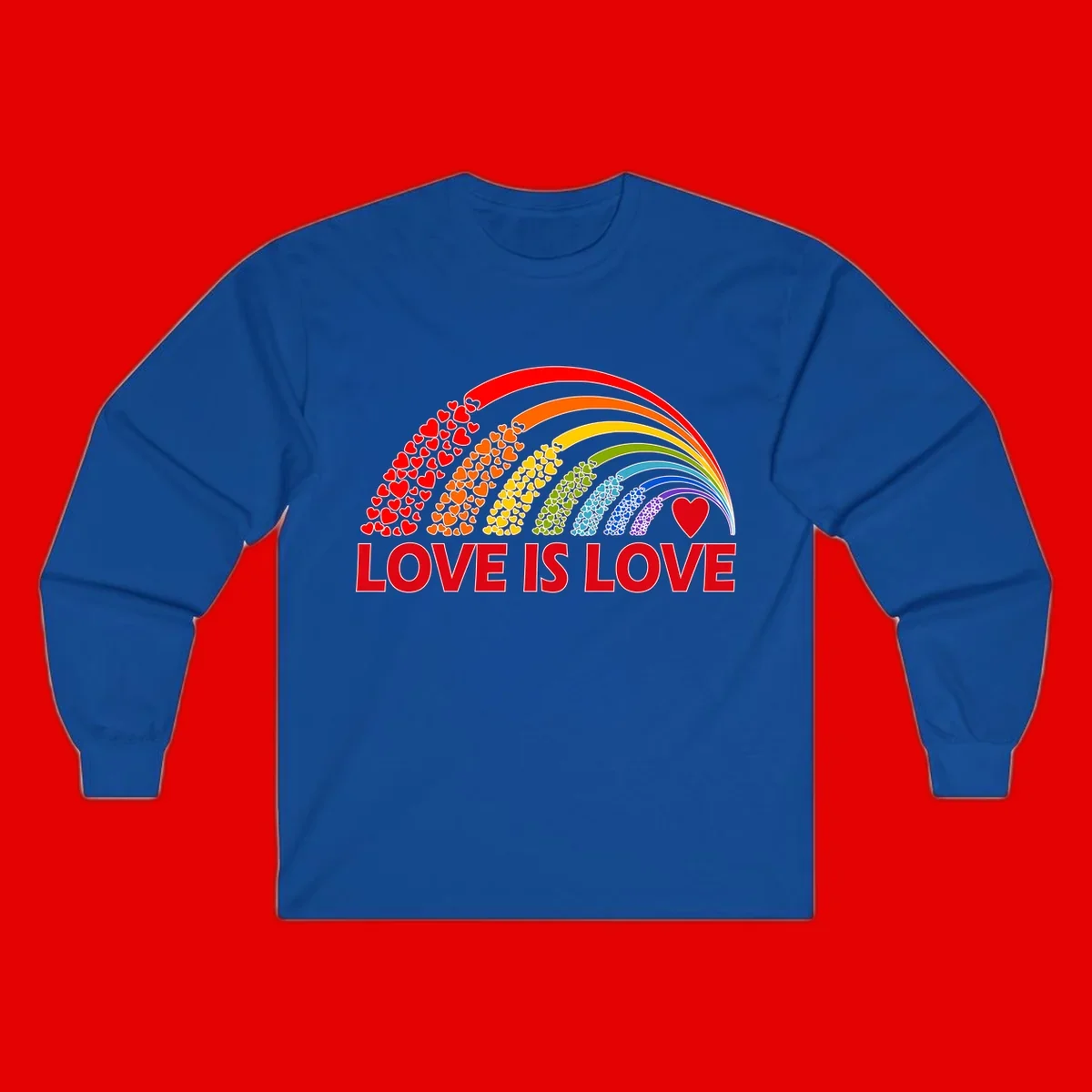 Rainbow arcs filled with colorful hearts in red, orange, yellow, green, cyan, blue, and purple, with 'LOVE IS LOVE' text below