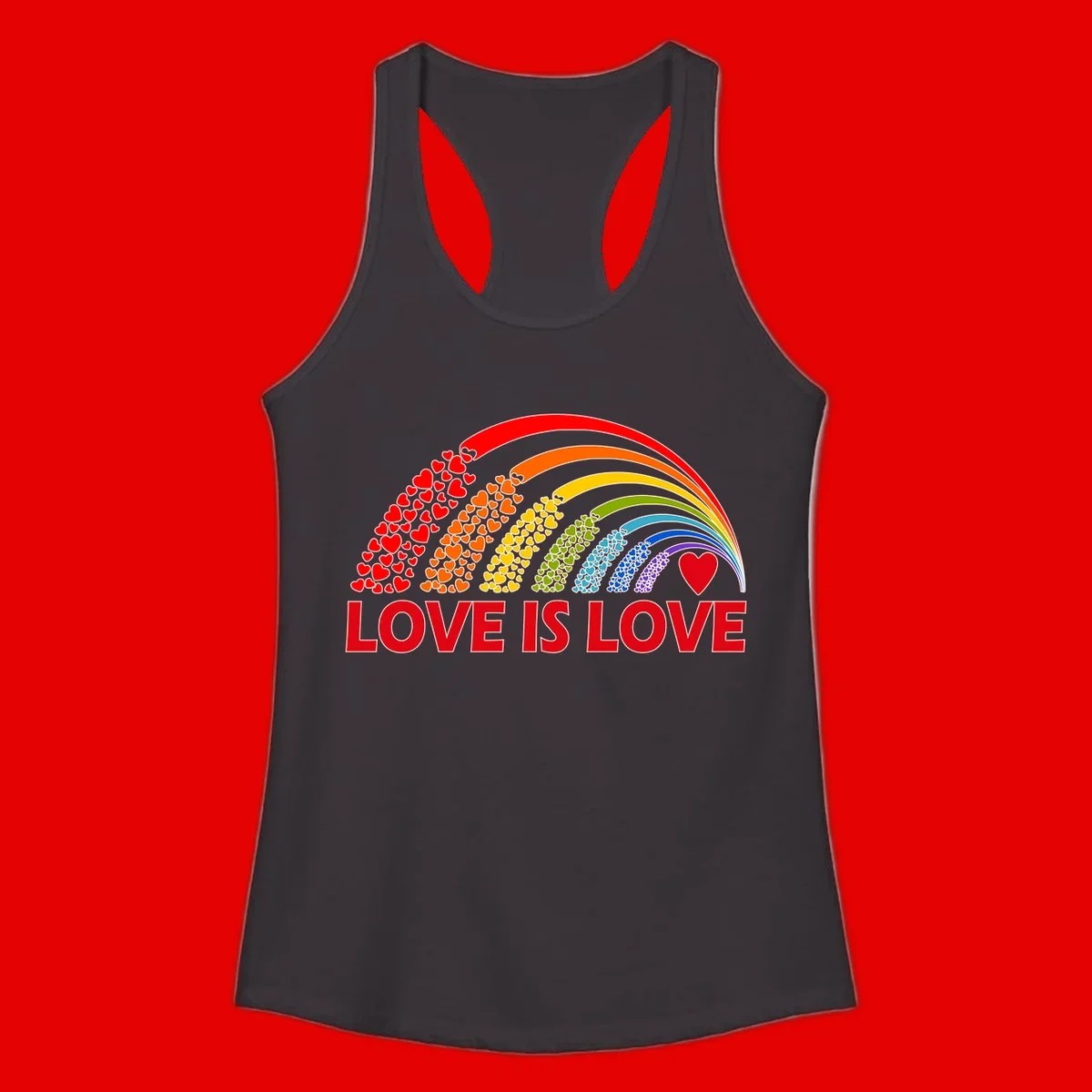 Rainbow arcs filled with colorful hearts in red, orange, yellow, green, cyan, blue, and purple, with 'LOVE IS LOVE' text below