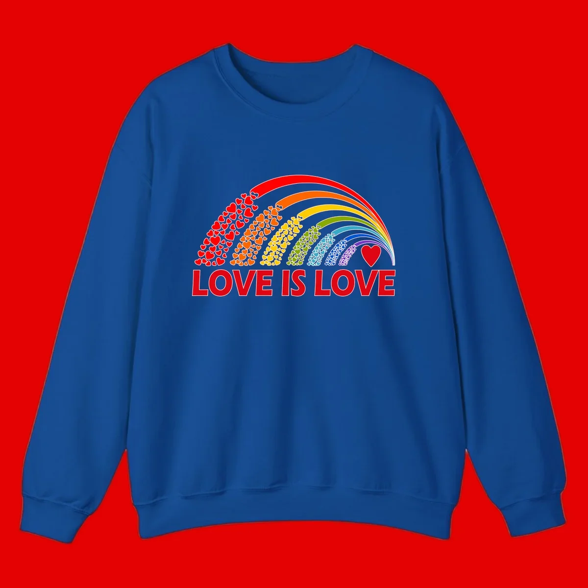 Rainbow arcs filled with colorful hearts in red, orange, yellow, green, cyan, blue, and purple, with 'LOVE IS LOVE' text below