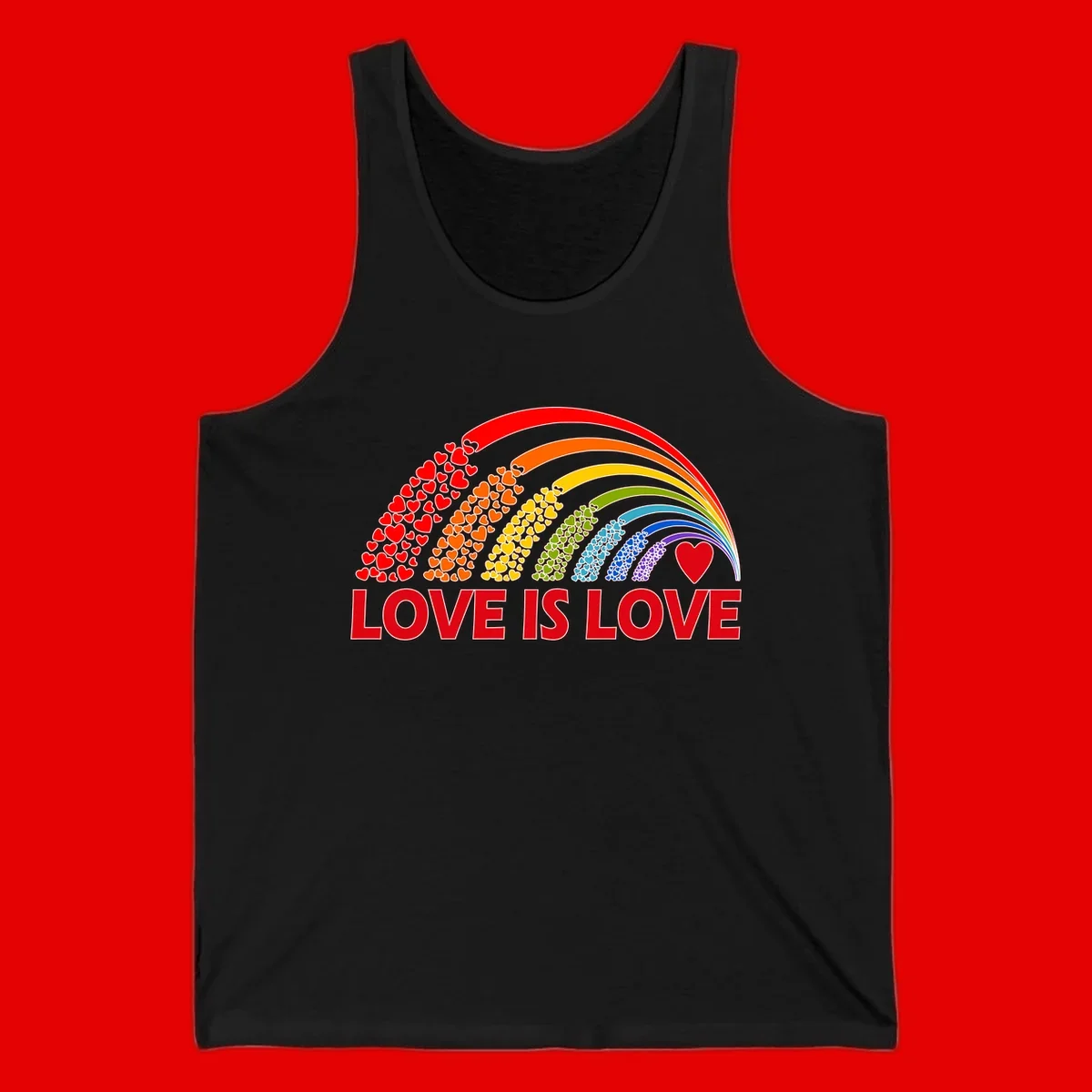 Rainbow arcs filled with colorful hearts in red, orange, yellow, green, cyan, blue, and purple, with 'LOVE IS LOVE' text below