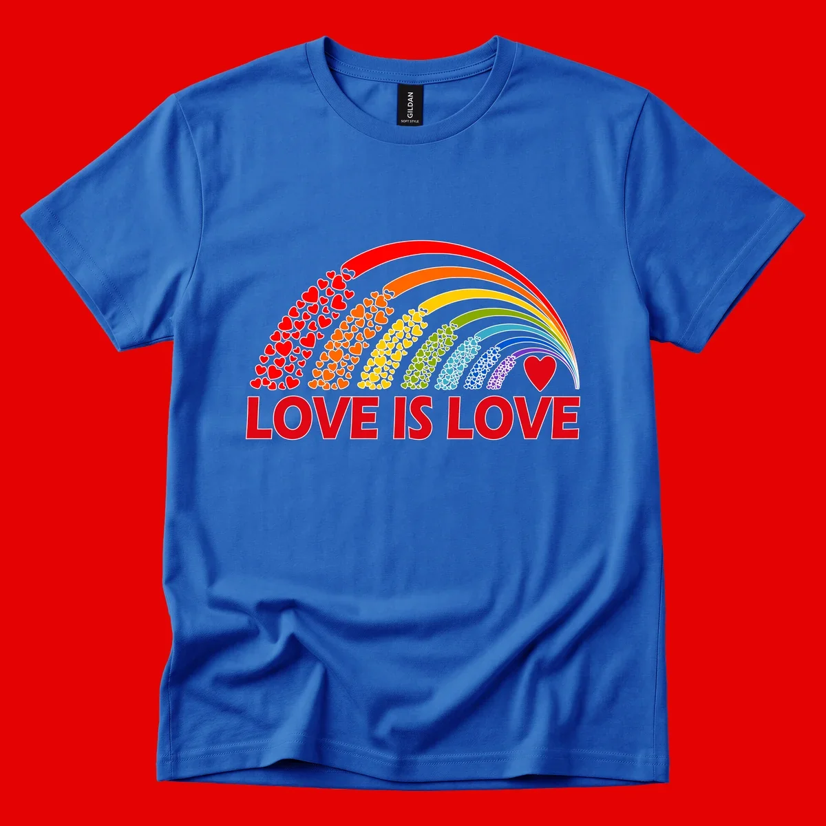 Rainbow arcs filled with colorful hearts in red, orange, yellow, green, cyan, blue, and purple, with 'LOVE IS LOVE' text below