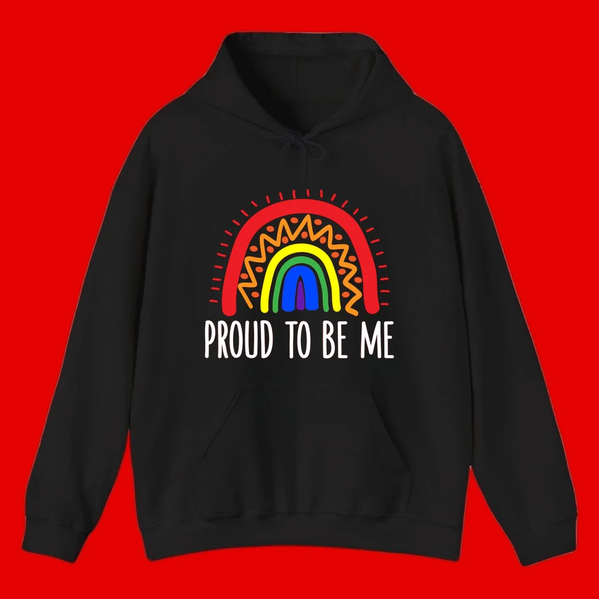 Colorful concentric rainbow arcs with radiating lines and zigzag patterns surrounding text that reads 'Proud To Be Me'