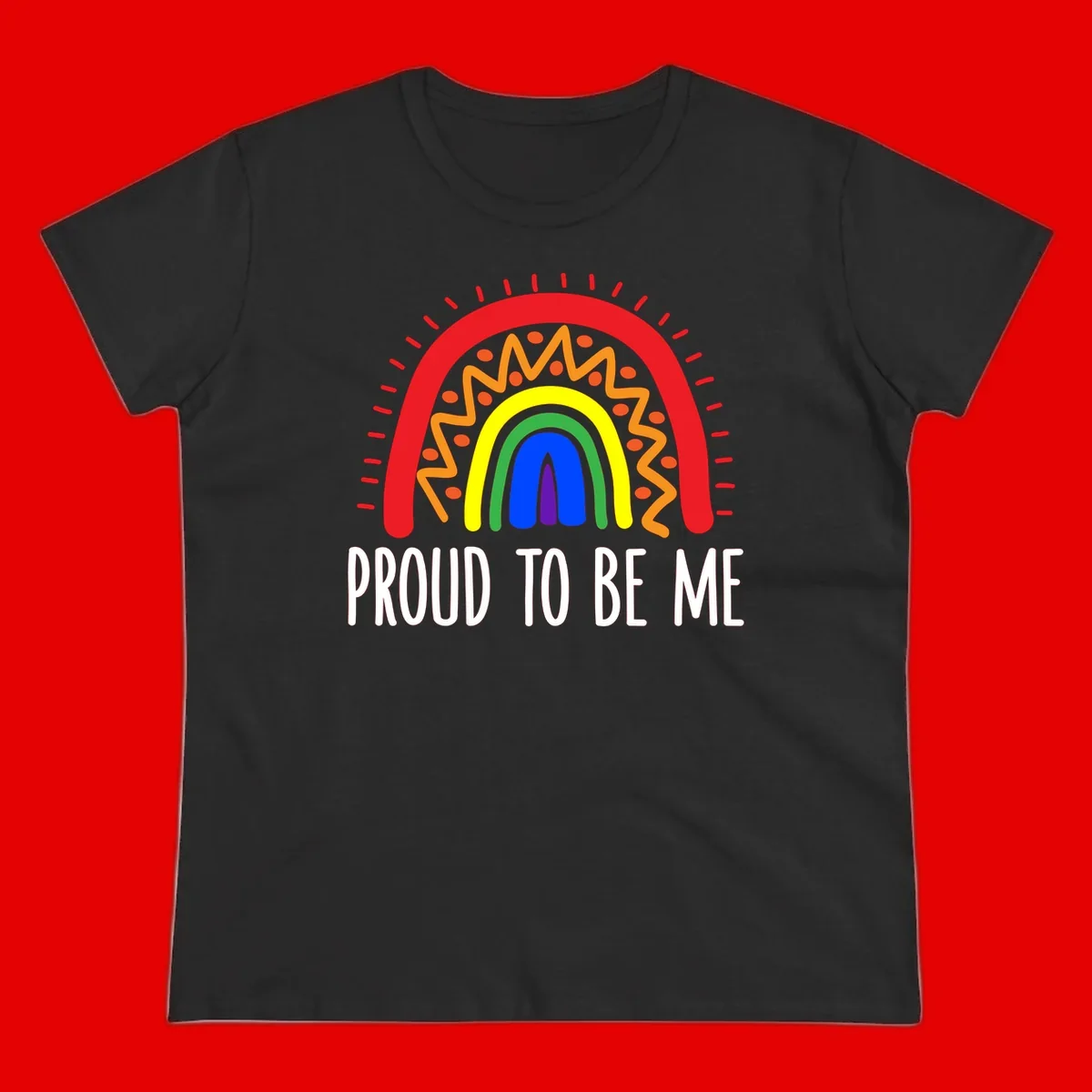 Colorful concentric rainbow arcs with radiating lines and zigzag patterns surrounding text that reads 'Proud To Be Me'