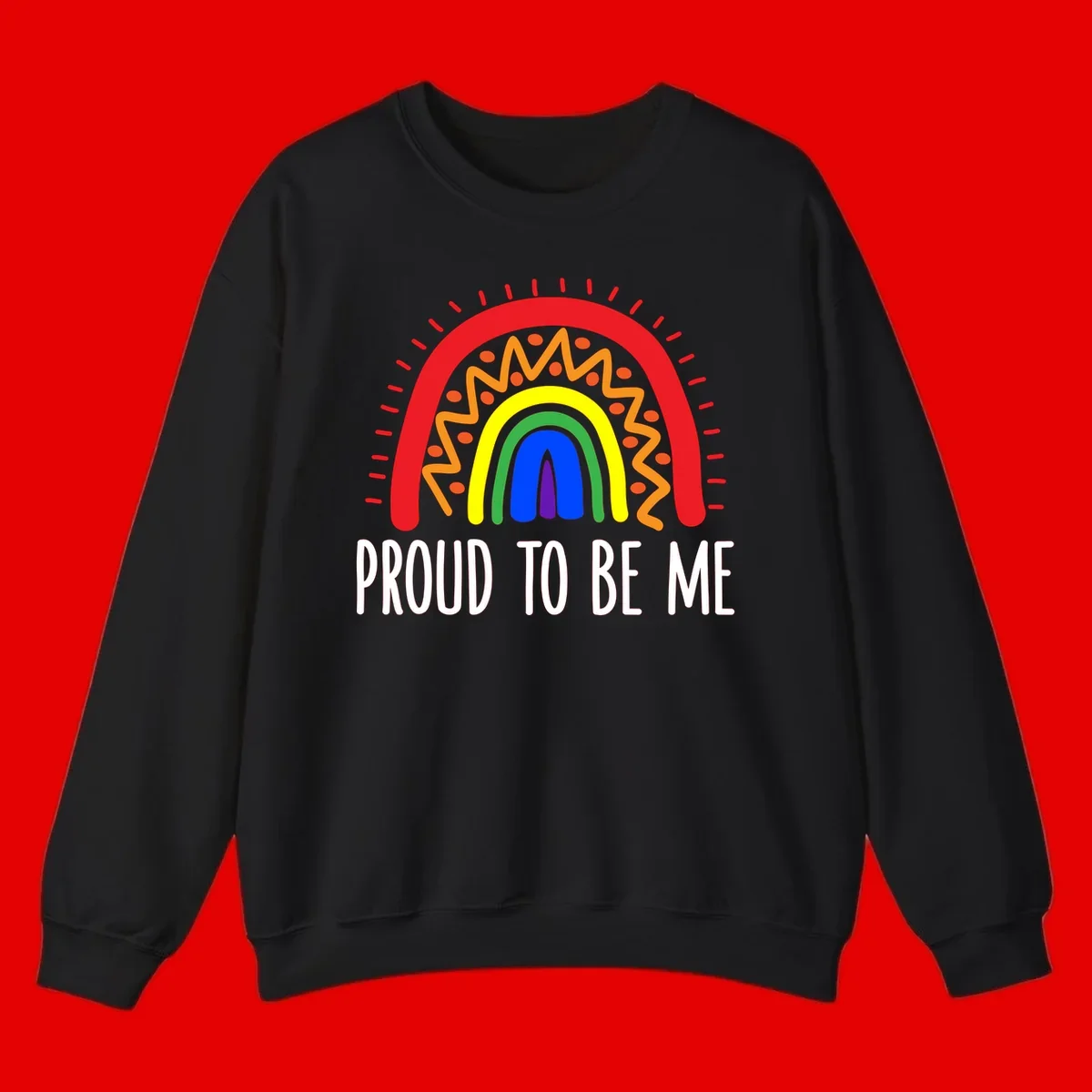 Colorful concentric rainbow arcs with radiating lines and zigzag patterns surrounding text that reads 'Proud To Be Me'