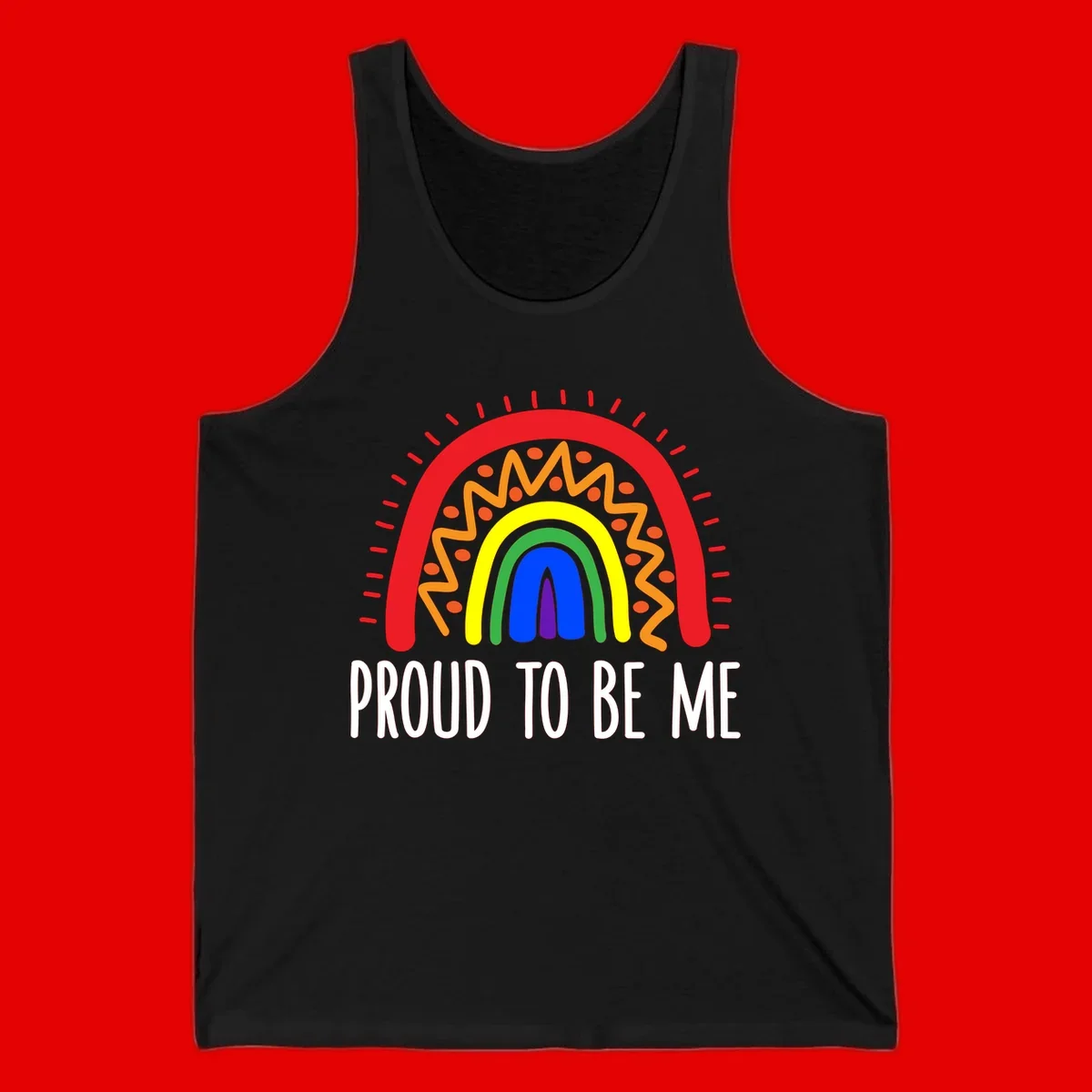 Colorful concentric rainbow arcs with radiating lines and zigzag patterns surrounding text that reads 'Proud To Be Me'