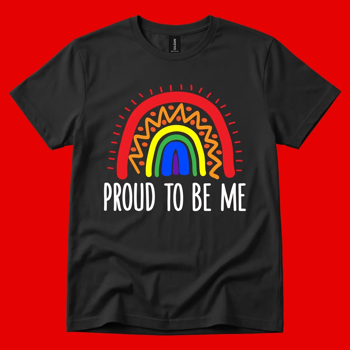 Colorful concentric rainbow arcs with radiating lines and zigzag patterns surrounding text that reads 'Proud To Be Me'