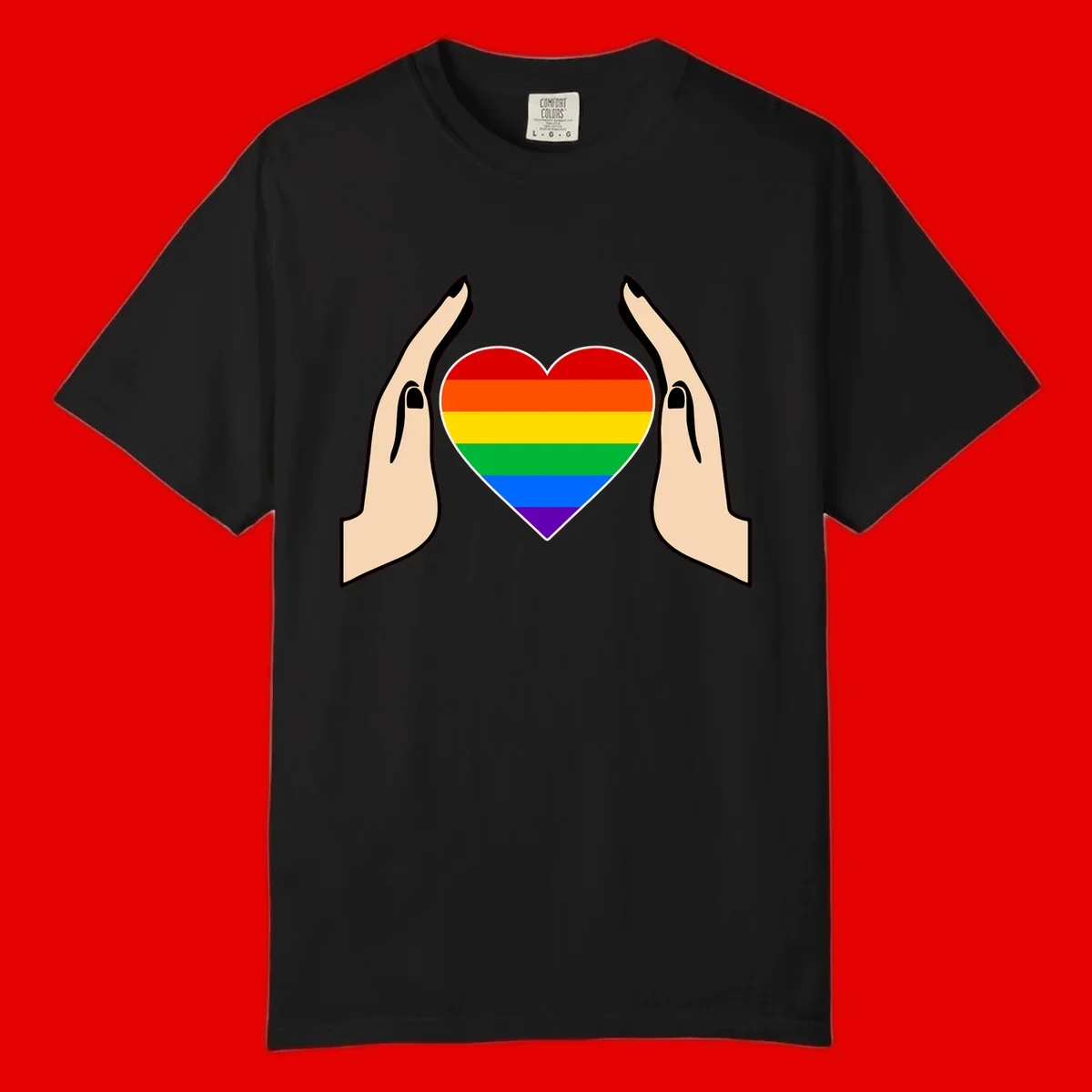 Two hands protectively frame a rainbow-striped heart symbol representing LGBTQ+ pride and community support