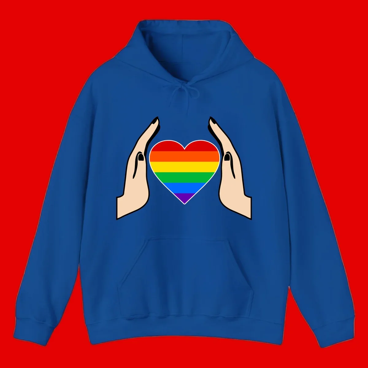 Two hands protectively frame a rainbow-striped heart symbol representing LGBTQ+ pride and community support