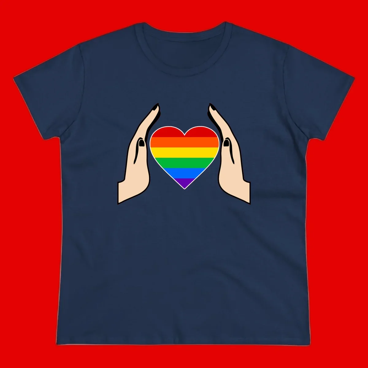 Two hands protectively frame a rainbow-striped heart symbol representing LGBTQ+ pride and community support