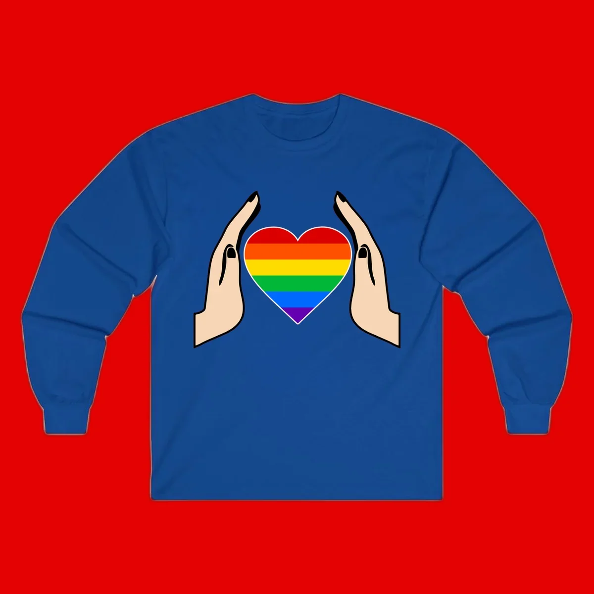 Two hands protectively frame a rainbow-striped heart symbol representing LGBTQ+ pride and community support