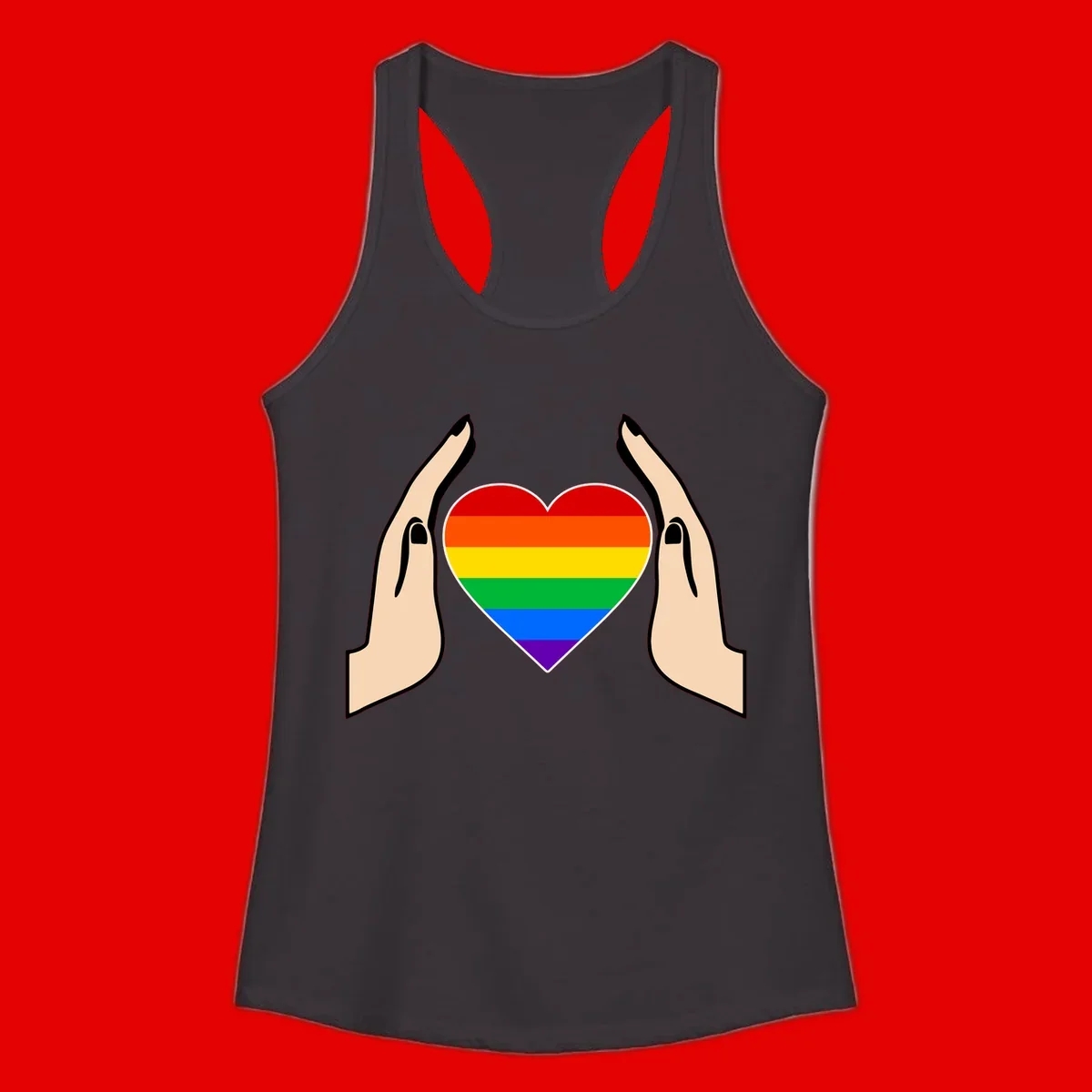 Two hands protectively frame a rainbow-striped heart symbol representing LGBTQ+ pride and community support