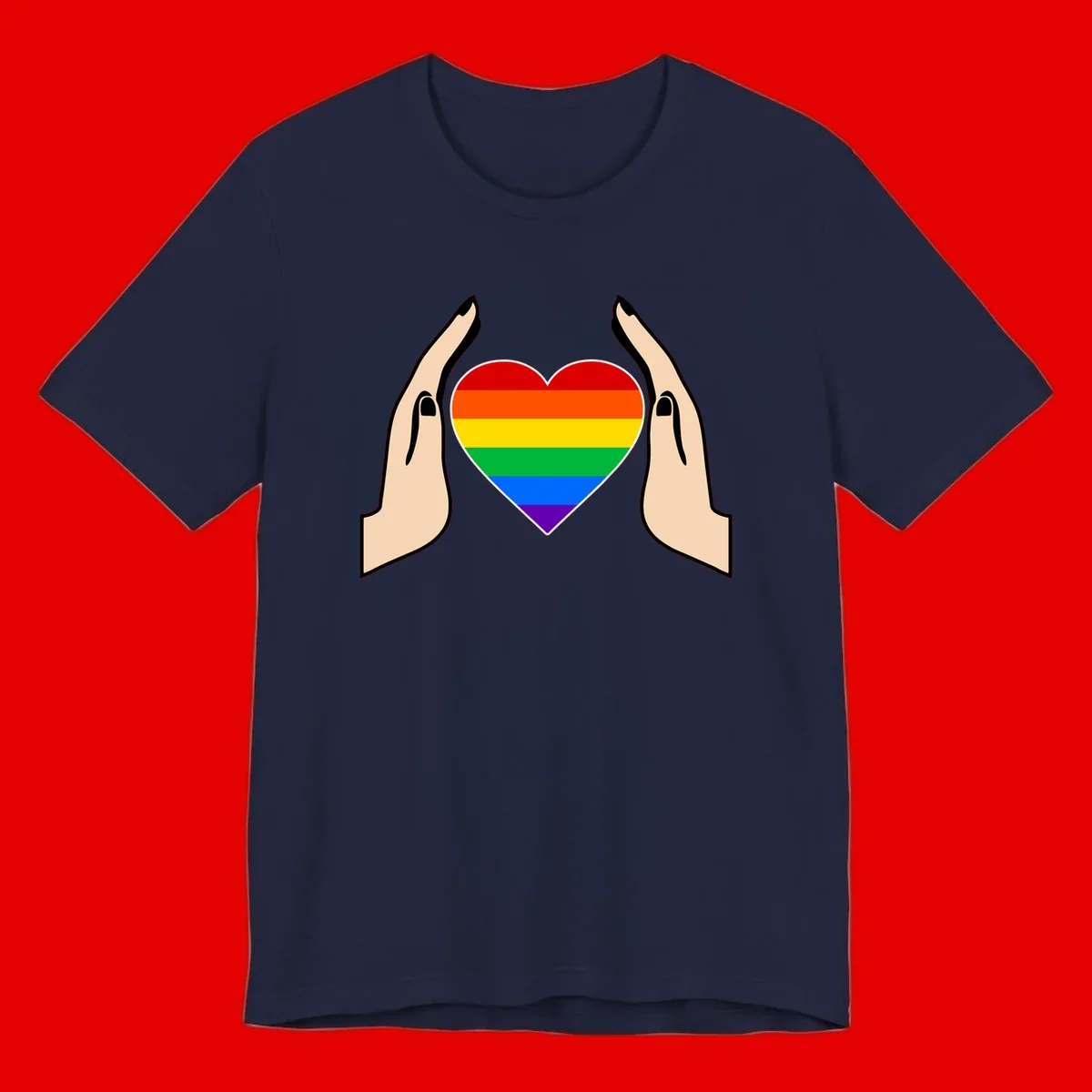 Two hands protectively frame a rainbow-striped heart symbol representing LGBTQ+ pride and community support