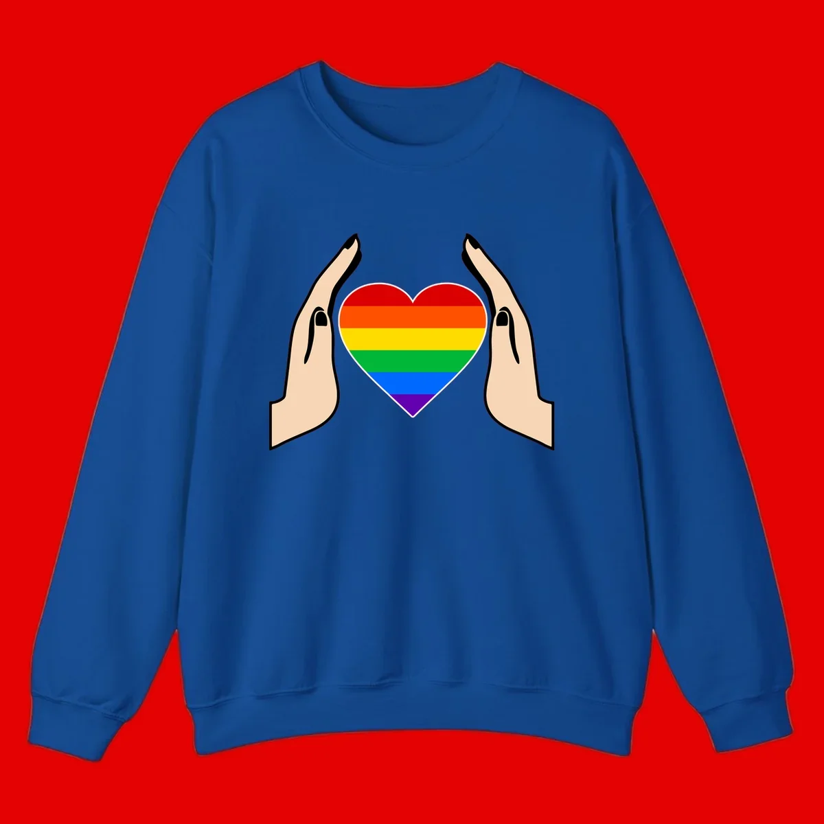 Two hands protectively frame a rainbow-striped heart symbol representing LGBTQ+ pride and community support