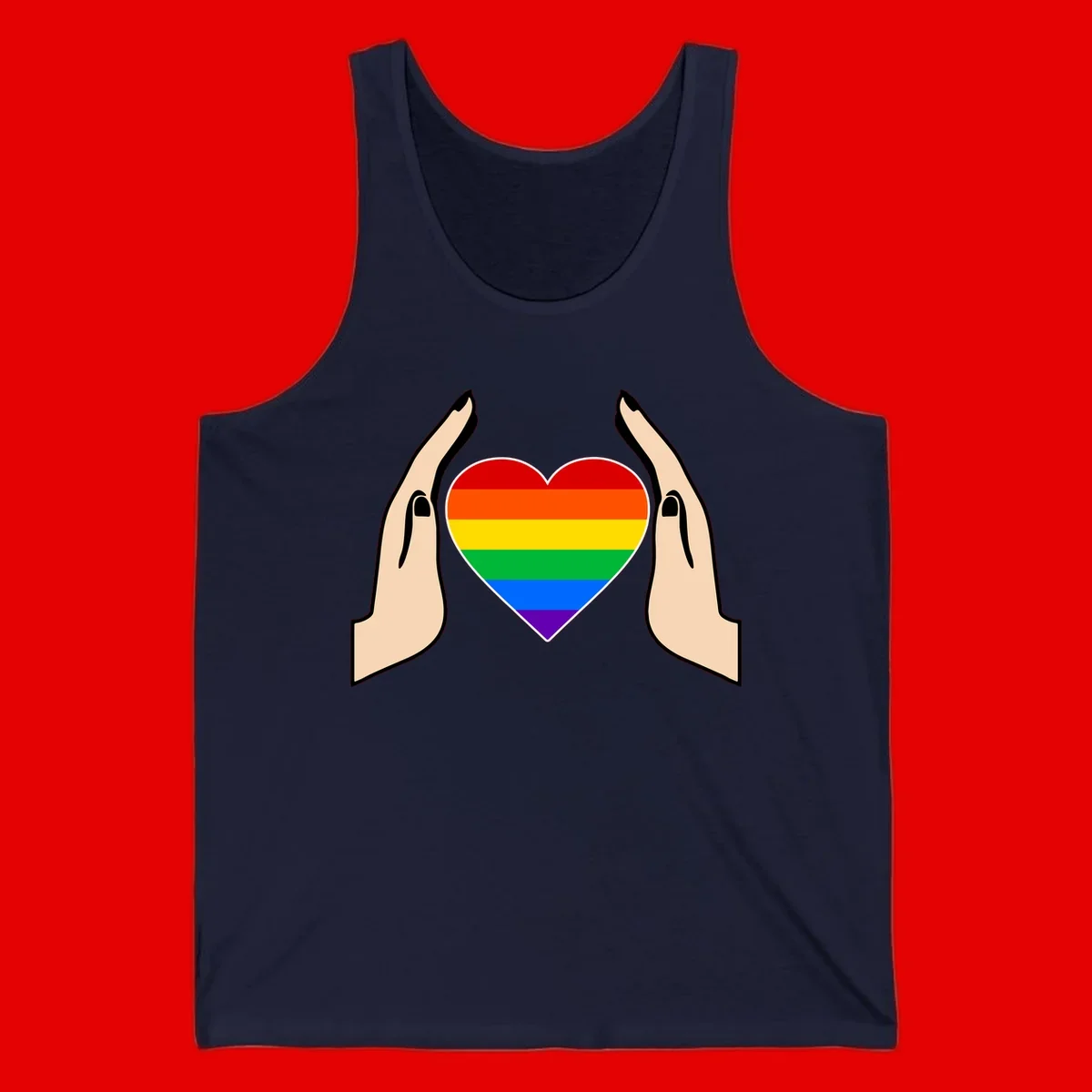 Two hands protectively frame a rainbow-striped heart symbol representing LGBTQ+ pride and community support