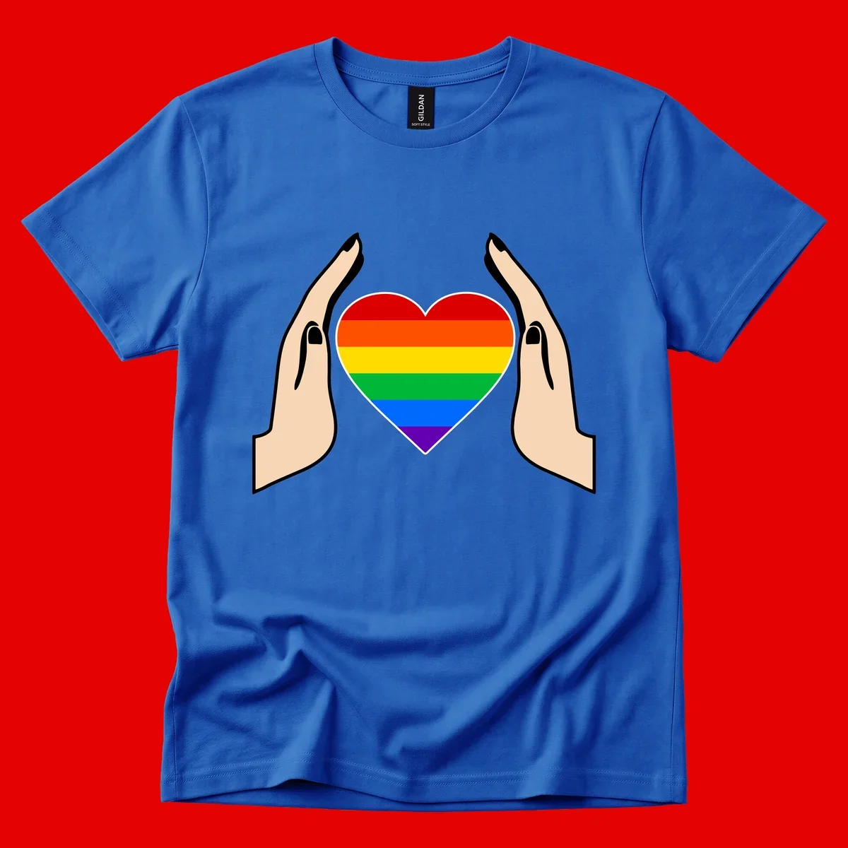 Two hands protectively frame a rainbow-striped heart symbol representing LGBTQ+ pride and community support