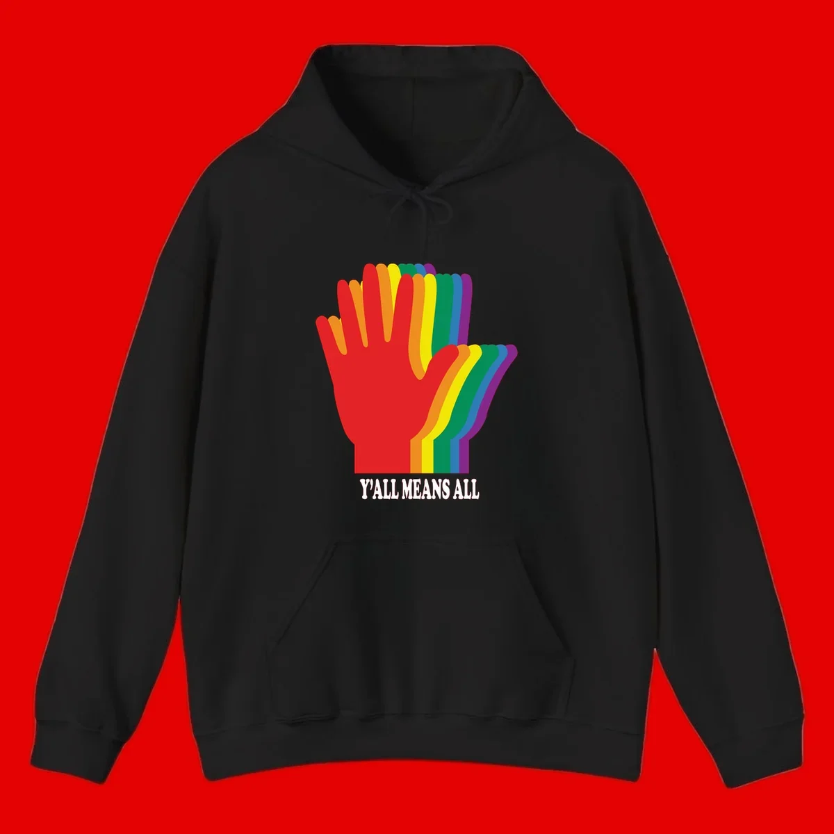 Rainbow-striped raised hand silhouette with 'Y'All Means All' text promoting inclusivity and pride