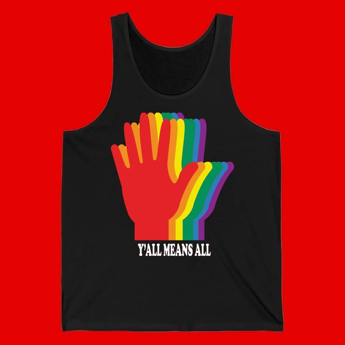 Rainbow-striped raised hand silhouette with 'Y'All Means All' text promoting inclusivity and pride