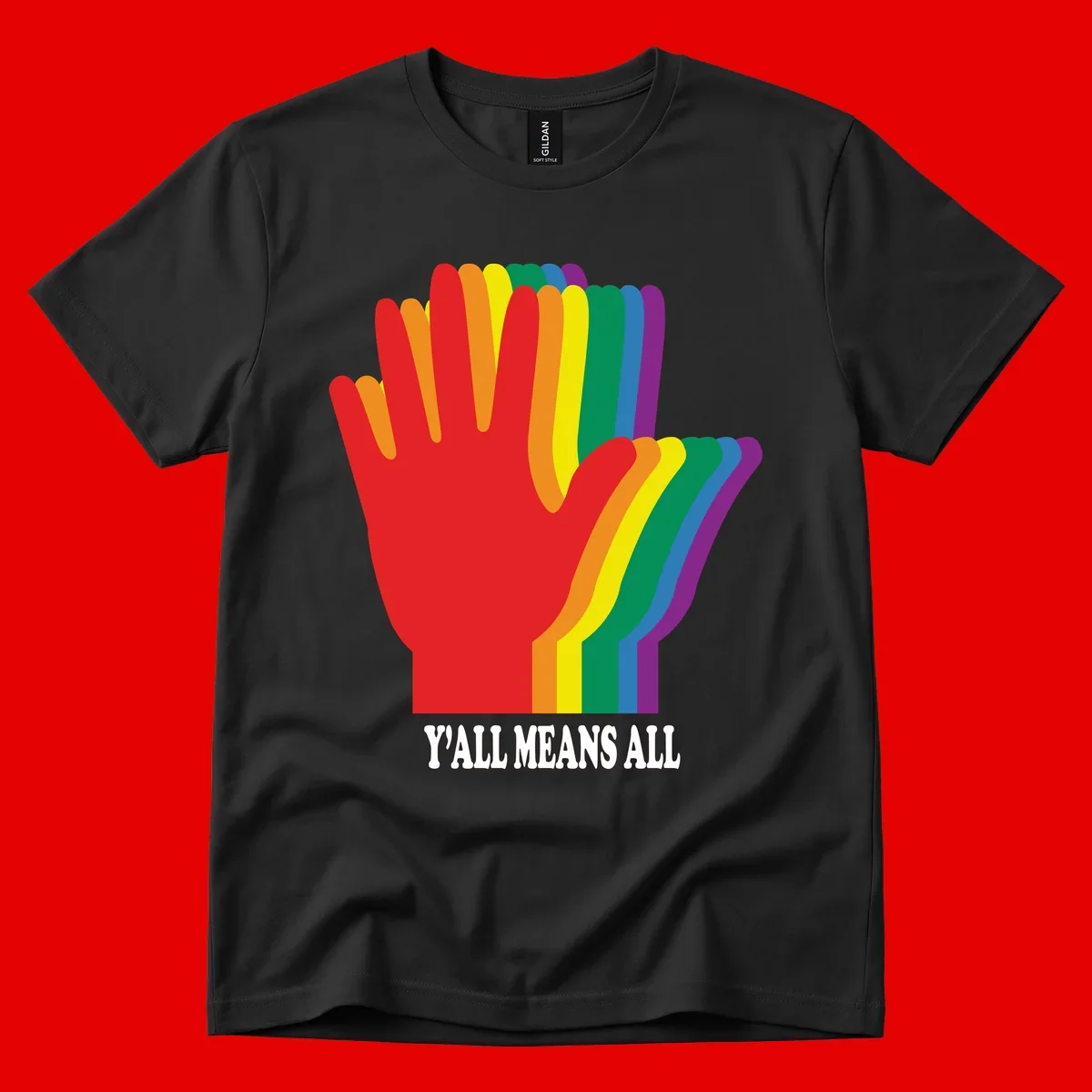 Rainbow-striped raised hand silhouette with 'Y'All Means All' text promoting inclusivity and pride