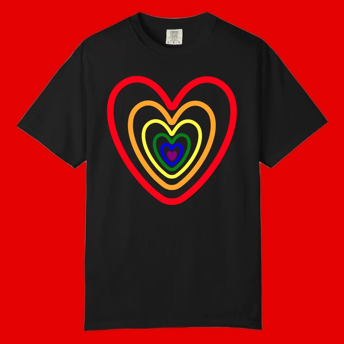 Five nested rainbow heart outlines in red, orange, yellow, green, blue, and purple with a solid purple center heart on gray background
